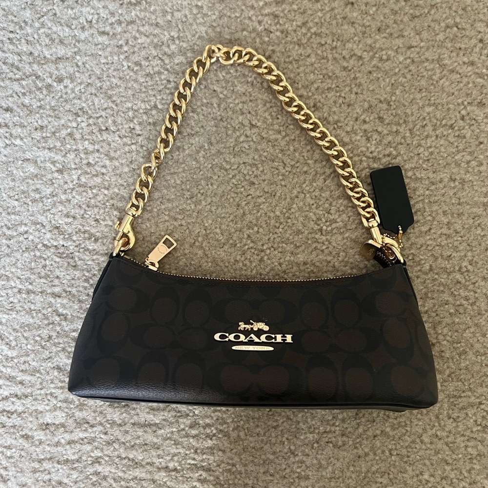 Coach Brown Signature Mini Shoulder Bag with Gold Chain